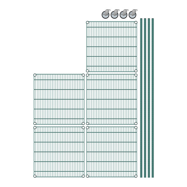 A white grid of wire with green metal rods.