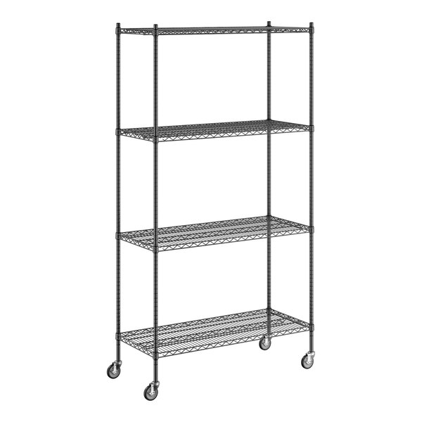 A Regency black wire shelving starter kit with wheels.