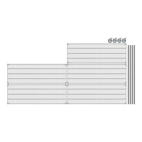A white wire shelving unit with 5 metal mesh shelves and metal grid walls.