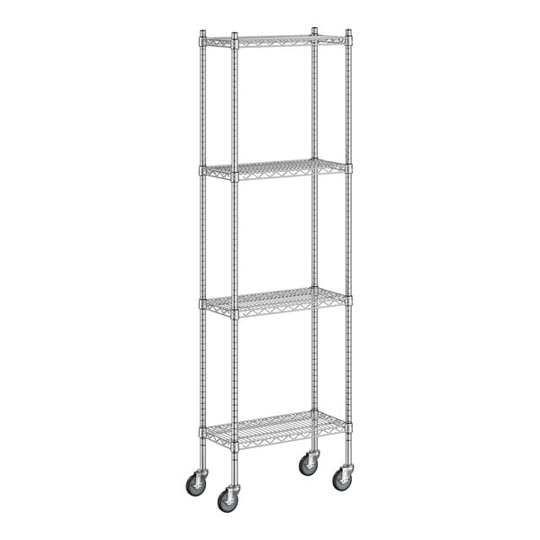 A Regency stainless steel wire shelving unit with wheels.