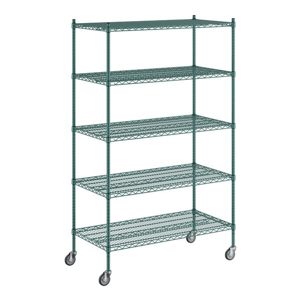 A Regency green wire shelving unit with wheels.