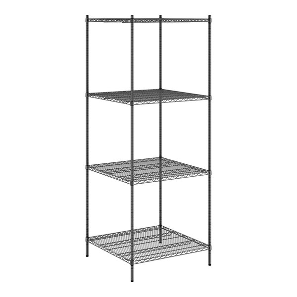 A Regency black metal wire shelving unit with 4 shelves.