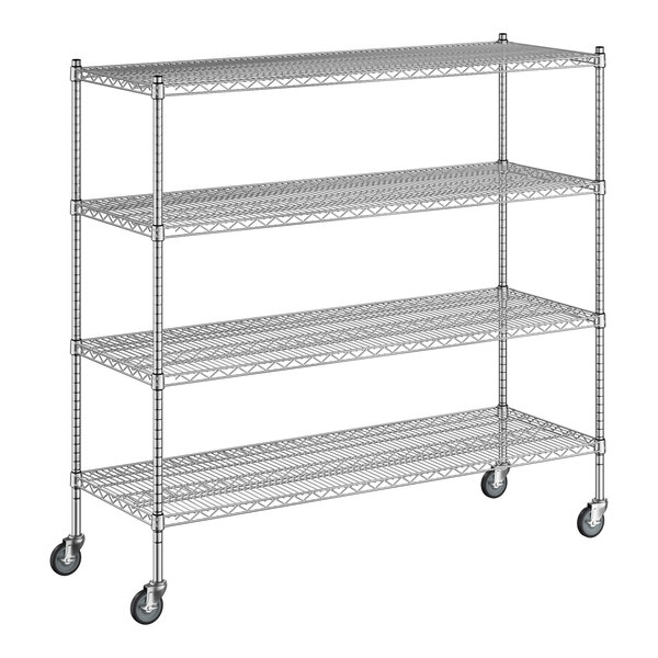 A Regency chrome wire shelving unit with wheels and four shelves.