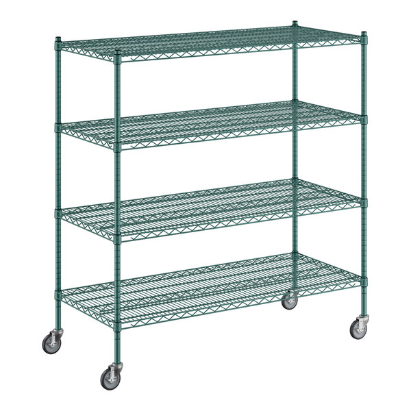 A Regency green wire shelving unit with four shelves.