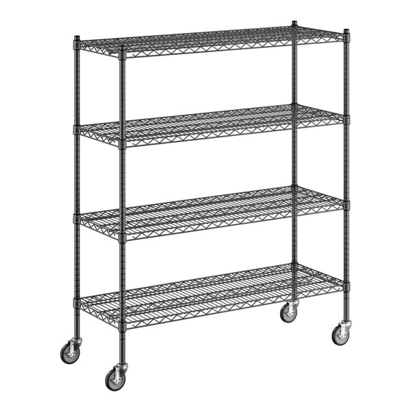 A Regency black wire shelving unit with wheels.