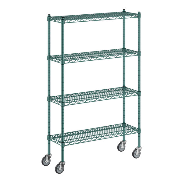 A Regency green metal wire shelving unit on wheels.