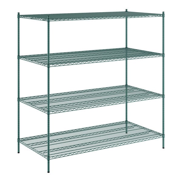 A green metal Regency wire shelving unit with four shelves.