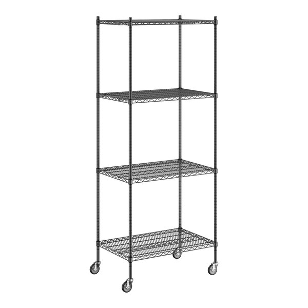 A Regency black wire shelving unit with wheels.