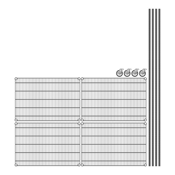 A Regency black wire shelving unit with four shelves.