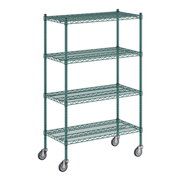 A green metal Regency wire shelving unit with wheels.