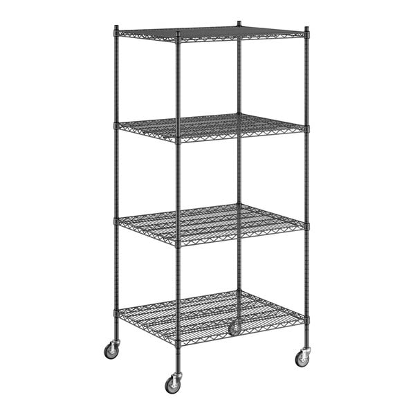 A Regency black wire shelving unit with wheels.