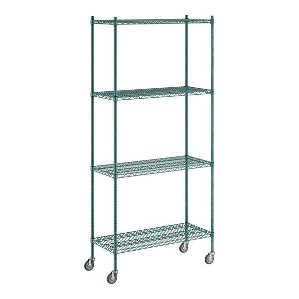 A Regency green wire shelving unit with wheels.