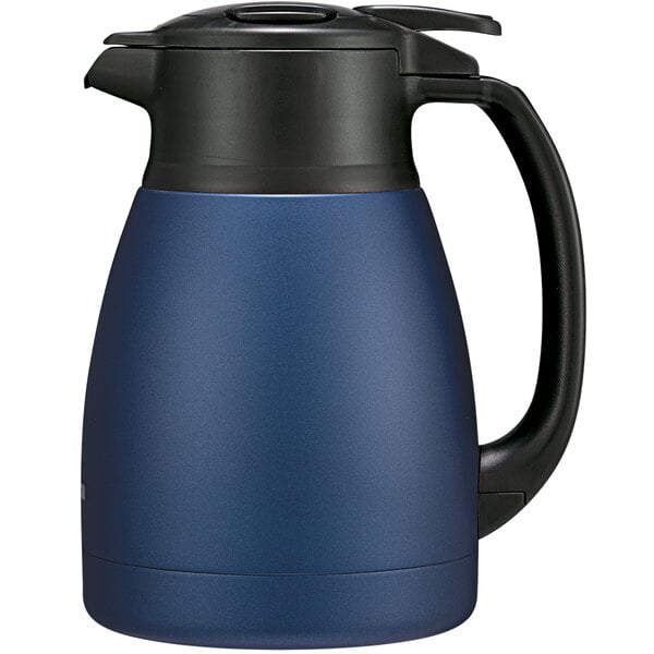 A navy blue stainless steel Zojirushi vacuum carafe.