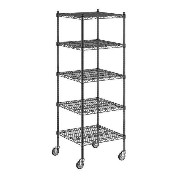 A Regency black wire shelving unit with wheels.