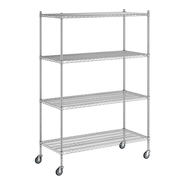 A Regency chrome wire shelving unit with wheels.