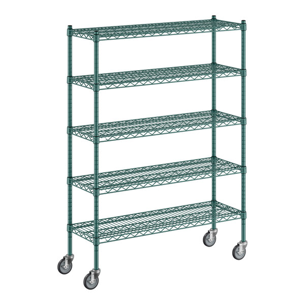 A Regency green metal wire shelving starter kit with wheels.