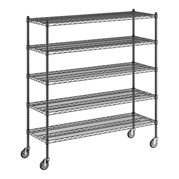 A Regency black wire shelving unit with wheels.