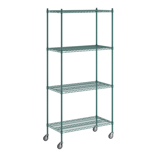 A Regency green wire shelving unit with wheels.