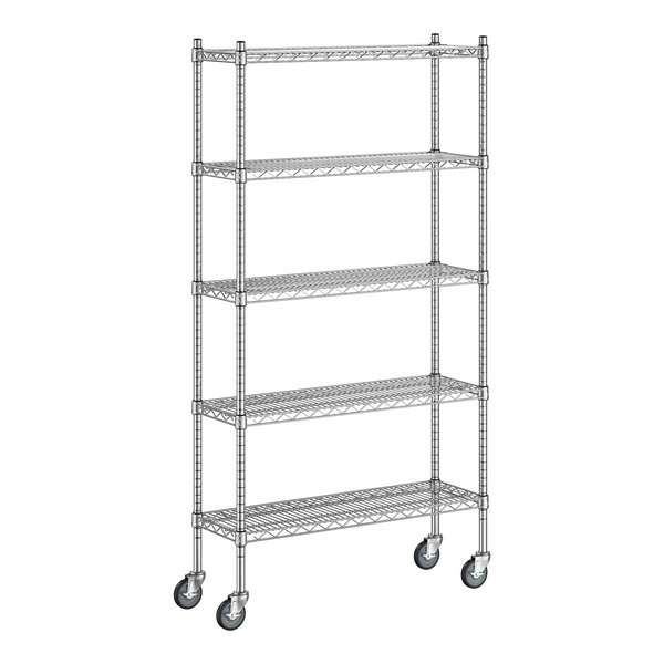 A Regency chrome wire shelving starter kit with wheels.