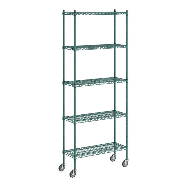 A Regency green epoxy wire shelving unit with wheels.