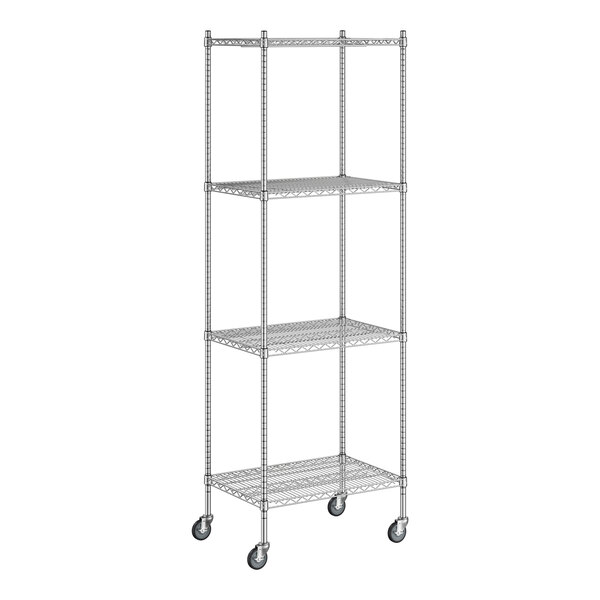 A Regency chrome mobile wire shelving starter kit with wheels and 4 shelves.