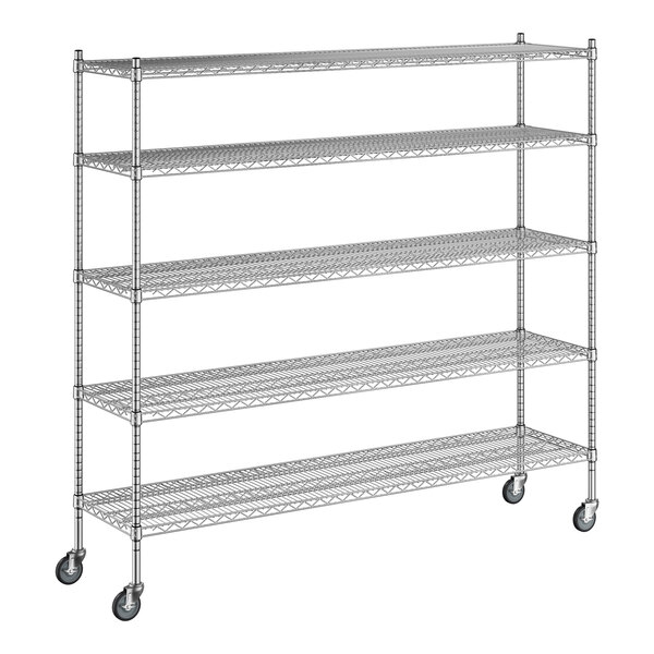 A Regency stainless steel wire shelving unit with wheels and five shelves.