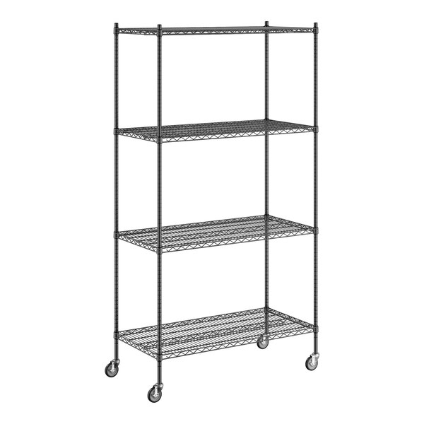 A Regency black wire shelving unit with wheels.