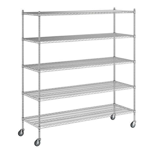 A Regency chrome mobile wire shelving unit with 5 shelves and wheels.