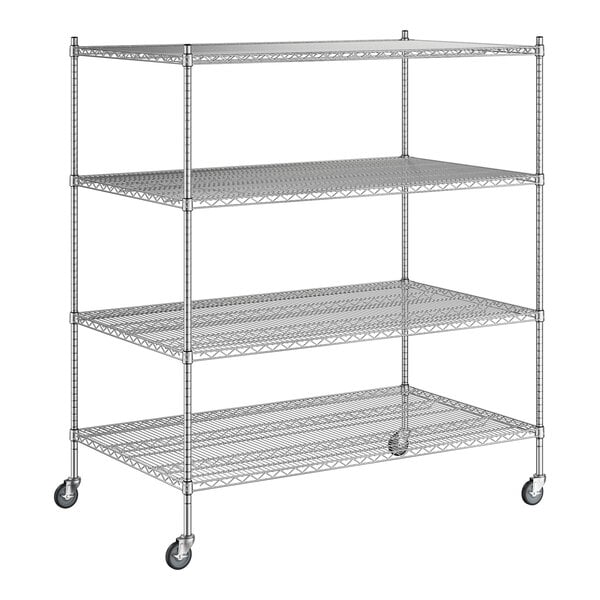 A Regency chrome wire shelving unit with wheels and four shelves.