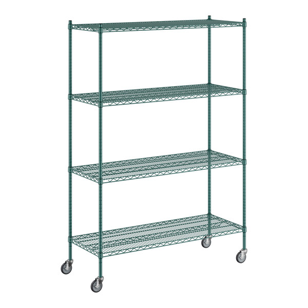 A green metal Regency wire shelving unit with wheels.