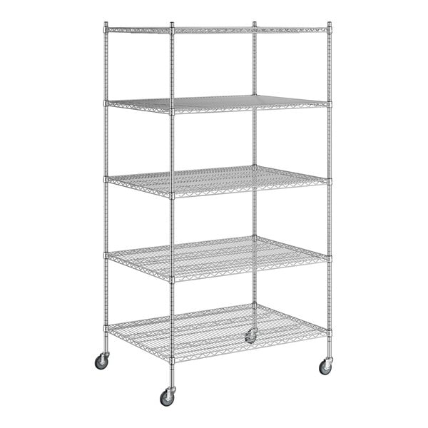 A Regency chrome mobile wire shelving unit with 5 shelves and wheels.