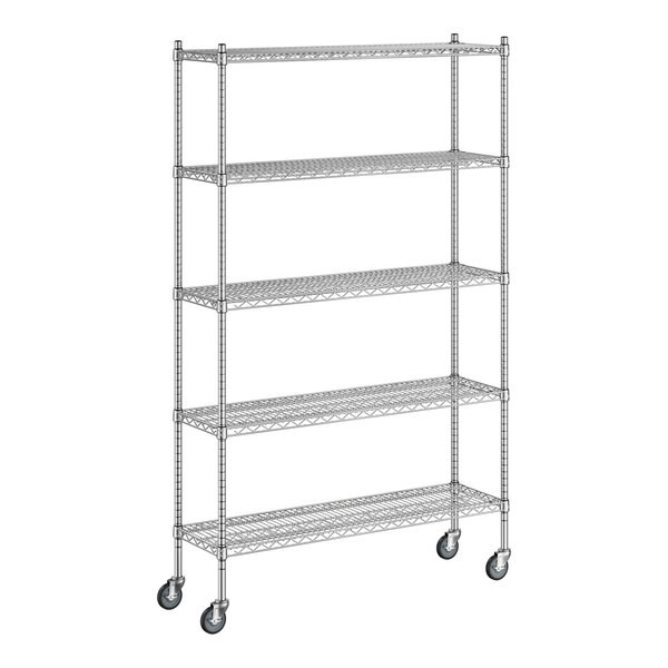 A Regency chrome mobile wire shelving unit with 5 shelves and wheels.