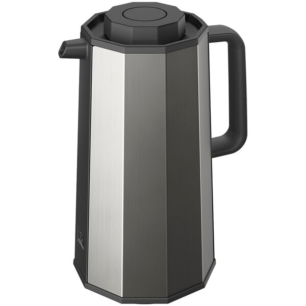 A silver and black Zojirushi glass-lined coffee carafe with a push-button stopper.