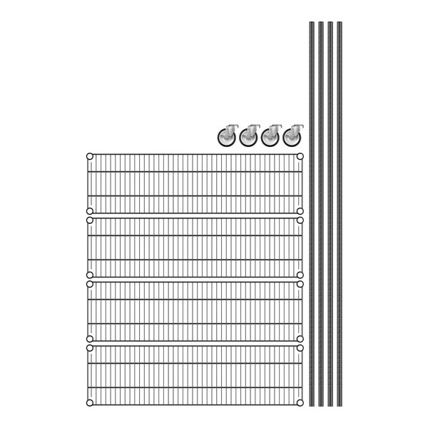 A Regency black wire shelving unit with wire mesh shelves and metal rods.