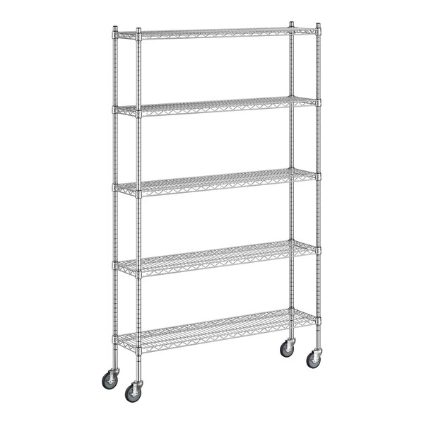 A Regency stainless steel wire shelving unit with wheels.