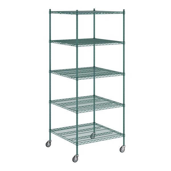 A Regency green wire shelving unit with wheels.