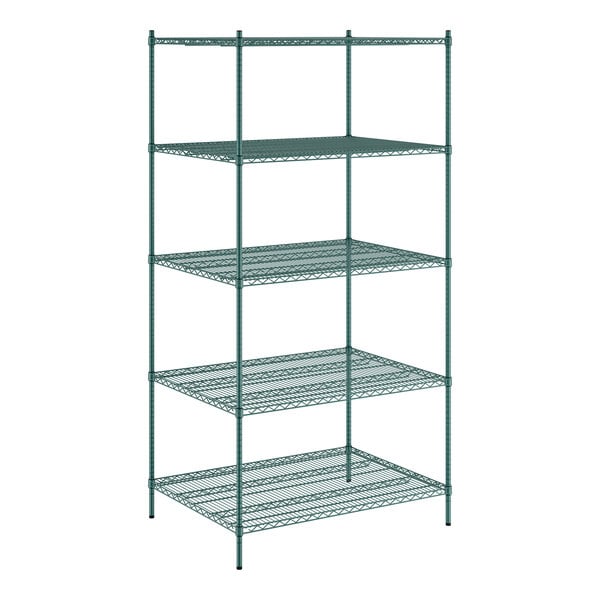 A Regency green metal wire shelving unit with five shelves.