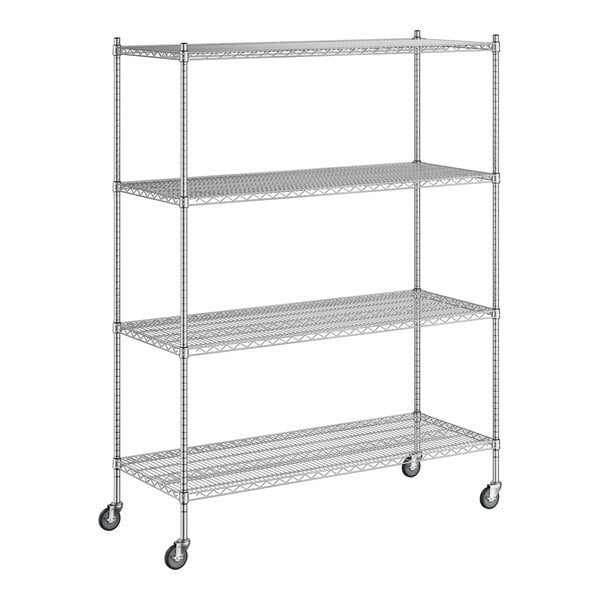 A wireframe of a chrome Regency mobile wire shelving unit with 4 shelves and wheels.