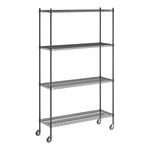 A Regency black wire shelving starter kit with wheels.