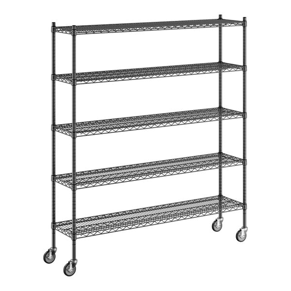 A Regency black wire shelving unit with wheels.