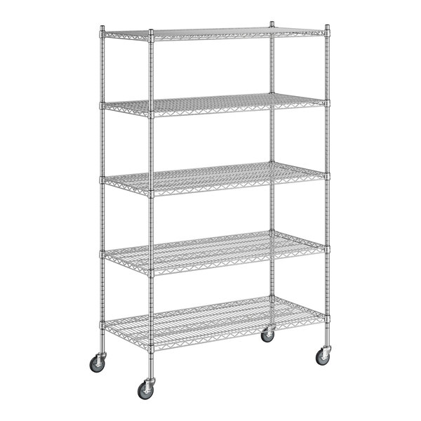 A Regency stainless steel wire shelving unit with five shelves.