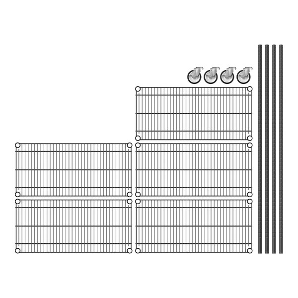 A Regency black wire shelving unit with wheels and metal shelves.