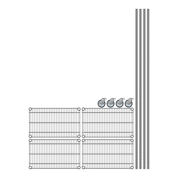 A Regency stainless steel wire shelving unit with wheels.