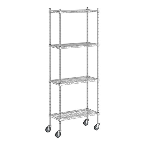A Regency chrome wire shelving unit with wheels.