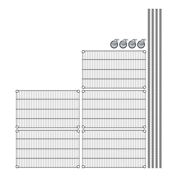 A Regency chrome wire shelving unit with wheels.