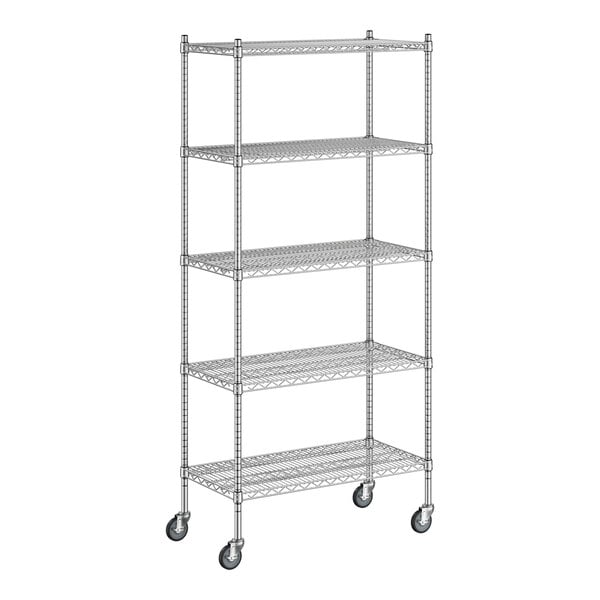 A Regency chrome wire shelving unit with wheels.