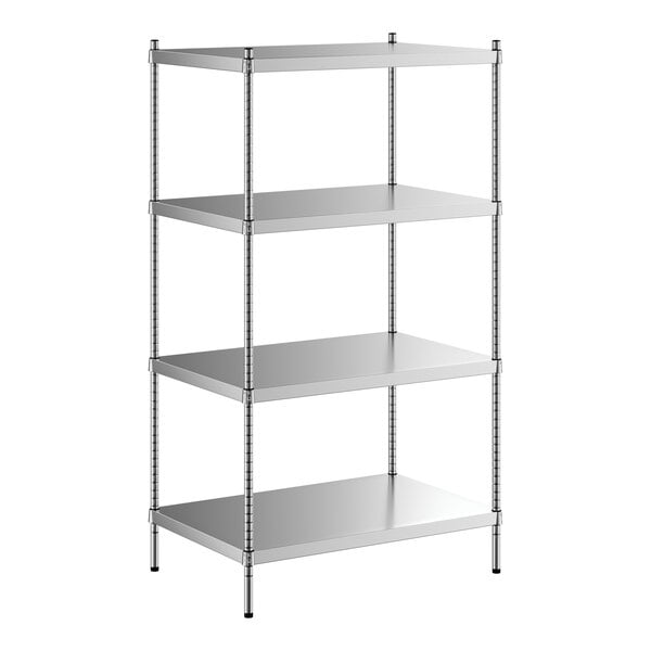 A Regency stainless steel shelving unit with four shelves.