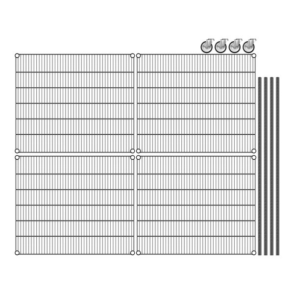 A drawing of a Regency black wire shelving grid with 4 shelves.