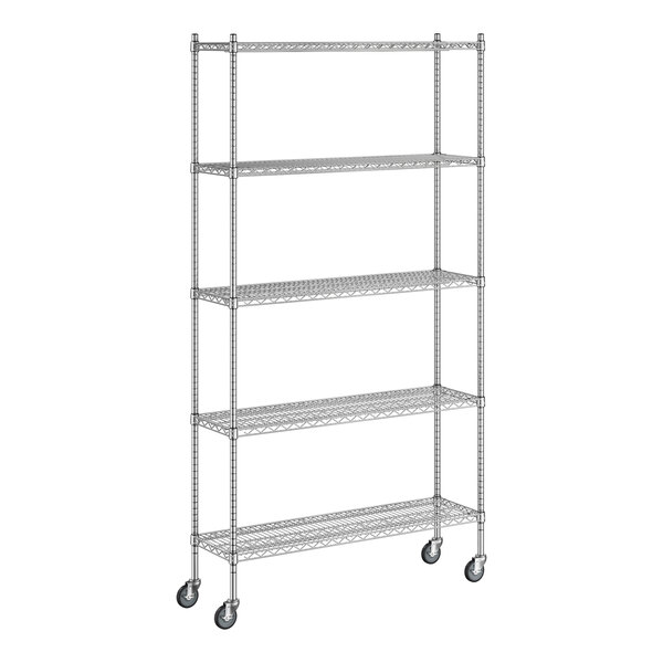 A Regency chrome wire shelving unit with wheels.