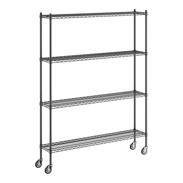 A Regency black wire shelving unit with wheels.